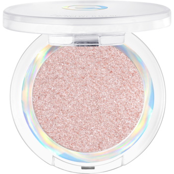 Rozświetlacz w otwartej, białej puderniczce z holograficznym brzegiem. Pudrowy wkład jest jasnoróżowy, perłowy, z widocznym połyskiem.