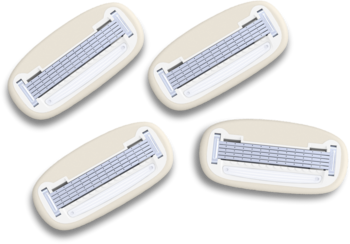 Cztery beżowe wkłady Estrid z pięcioma ostrzami i wegańskim paskiem nawilżającym, idealne dla wrażliwej skóry.