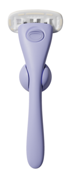 Jasnofioletowa damska maszynka do golenia z białą głowicą, wieloma ostrzami i paskiem nawilżającym, widok z przodu na ciemnym tle.