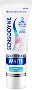 Biała tubka pasty Sensodyne Clinical White, widok z przodu. Napisy: 2 odcienie bielszych zębów, wzmacnianie szkliwa, rekomendacja dentystów.