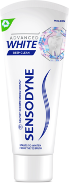 Biała tubka pasty Sensodyne Advanced White Deep Clean wybielającej do wrażliwych zębów, z grafiką zęba. Widok z przodu.