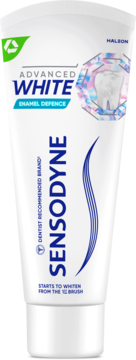 Pasta do zębów Sensodyne Advanced White Ochrona Szkliwa w białej tubce, widok z przodu, z logo i zębem.