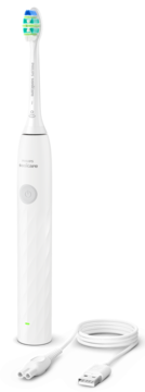 Biała soniczna szczoteczka Philips Sonicare, zielono-niebieska główka i kabel USB-A. Widok z przodu.