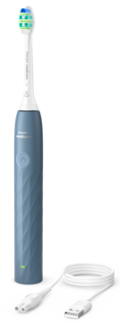 Philips Sonicare 1100 niebieska szczoteczka soniczna z teksturowanym uchwytem i kablem USB A, widok z przodu.