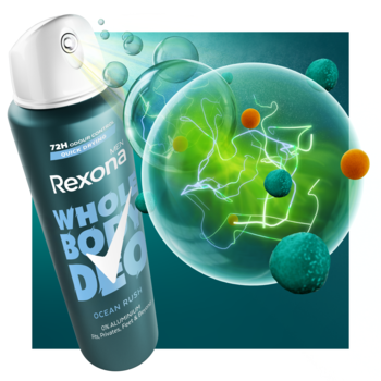 Dezodorant Rexona Whole Body Deo Ocean Rush 0% Aluminium, widok pod kątem, spray z dyszy, zielone bąbelki.
