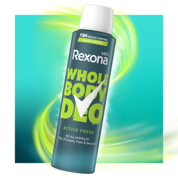 Rexona Men Whole Body Deo Active Fresh 72h, zielony dezodorant w sprayu bez aluminium na dynamicznym tle.