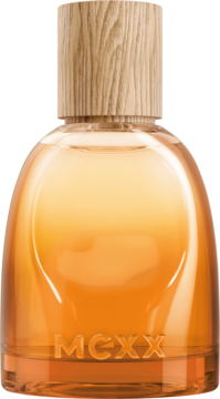 Pomarańczowa butelka perfum MEXX Inspired Glow z zaokrąglonym dnem i drewnianym korkiem, widok z przodu.