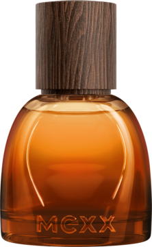 MEXX Inspired Glow męska woda perfumowana w organicznym brązowym flakonie z drewnianą nakrętką, widok z przodu.