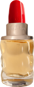 Perfumy Yes I Am, butelka z czerwoną nakrętką w kształcie szminki i bursztynowym płynem.