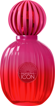 Banderas Icon woda toaletowa w różowo-czerwonej butelce z żebrowaną fakturą i korkiem, widok z przodu.