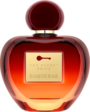Eleganckie perfumy BANDERAS Her Secret Prive w butelce serce, czerwono-pomarańczowy gradient, złota etykieta z kluczem.