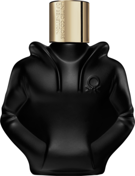 Czarny matowy flakon perfum Benetton w kształcie bluzy z kapturem, ze złotą nakrętką i logo UCB.