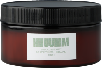 Mus oczyszczający Hhuumm do cery tłustej, w brązowym słoiczku z czarną nakrętką, widok z przodu.