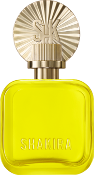Perfumy Shakira w żółtej butelce z prostokątnym korpusem i złotą, promienistą nakrętką z logo SHK.