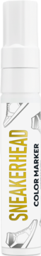 Biały marker do butów Sneakerhead Color Marker, widok z przodu, złoty napis, grafiki sneakersów.