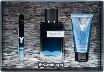 Zestaw Yves Saint Laurent Y: niebieska woda toaletowa, żel pod prysznic i perfumy w sprayu, widok z przodu.