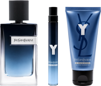 Zestaw Yves Saint Laurent Y dla mężczyzn: woda perfumowana, mini spray i żel pod prysznic. Niebieskie opakowania na czarnym tle.