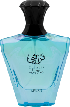 AFNAN Turathi electric, woda perfumowana w geometrycznej, błękitnej butelce z irydescencyjnym połyskiem, czarna nakrętka, front.