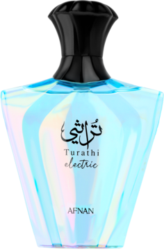 Afnan Turathi Electric, cytrusowo-owocowa woda perfumowana w iryzującej, fasetowanej butelce z czarnym korkiem.