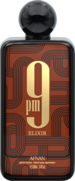 Perfumy Afnan 9 PM Elixir, brązowa butelka z czarnym wzorem, złotym '9 pm' i czarną nakrętką, widok z przodu.