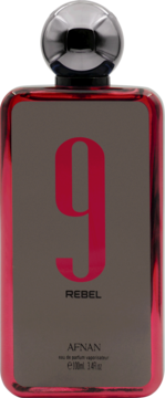 Perfumy Afnan 9 Rebel w czerwonej, błyszczącej butelce ze srebrnym korkiem, duża cyfra 9 z przodu etykiety.