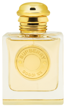 Prostokątny flakon perfum Burberry Goddess, złoty płyn, okrągłe logo i błyszcząca, metaliczna nakrętka.