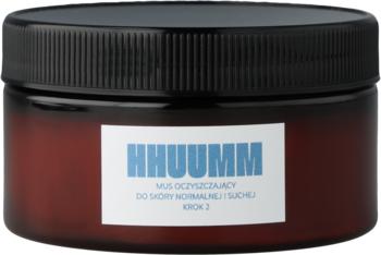 Hhuumm mus oczyszczający do skóry normalnej i suchej w brązowym słoiczku z czarną nakrętką, widok z przodu.