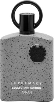Afnan Supremacy Collector’s Edition męska woda perfumowana, butelka szara w plamki, czarny korek i emblemat, z przodu.