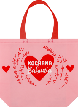 Różowa torba prezentowa ELOY z napisem KOCHANA Babunia w czerwonym sercu i kwiatowym motywem, widok z przodu.