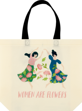 Torba Eloy, beżowa, z kolorową ilustracją dwóch tańczących kobiet i różowych kwiatów, napis 'WOMEN ARE FLOWERS'.