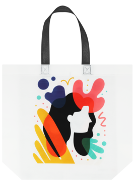 Biała torba PP ELOY z barwnym, abstrakcyjnym wizerunkiem kobiety i czarnymi uchwytami.