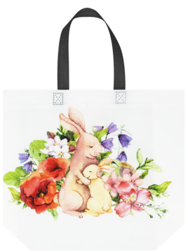 Biała torba ELOY PP Wiosna 34x25x10 z akwarelową ilustracją dwóch zajęcy i wiosennych kwiatów, czarne uchwyty.