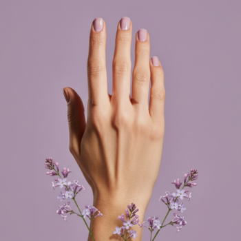COOLNAILS Lilac Luck lakier-kuracja na dłoni, półtransparentny liliowy glow, fioletowe tło z kwiatami.