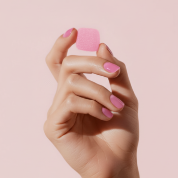 Dłoń z różowymi paznokciami trzyma różowy, kwadratowy żelek, symbolizujący lakier Pink Jelly Active.
