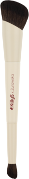 Dwustronny pędzel KillyS x Żurowska 01 do kremowych produktów, beżowy uchwyt z napisem, brązowe włosie.
