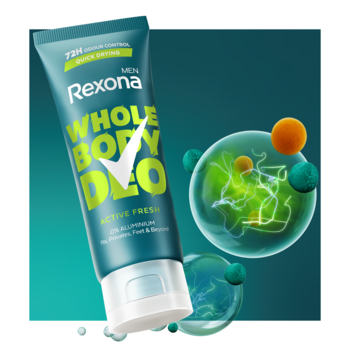 Zielona tubka dezodorantu w kremie Rexona Men Whole Body Deo Active Fresh, widok lekko z ukosa.