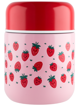 Różowy termos obiadowy, metalowy, z czerwonym wieczkiem, widok z przodu, ozdobiony wzorem w truskawki.
