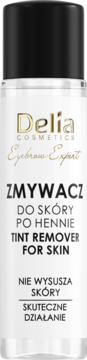 Delia Cosmetics Eyebrow Expert Tint Remover do skóry po hennie w białej butelce, nie wysusza, widok z przodu.