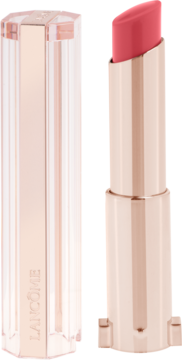 Otwarty balsam Lancôme Lip Idôle Squalane-12 Butterglow, koralowy kolor, w eleganckiej różowo-złotej obudowie.