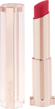 Otwarty balsam do ust Lancôme Lip Idôle Butterglow w odcieniu różu, z wysuniętą pomadką w złotej obudowie, obok przezroczysta nakładka.
