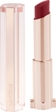 Otwarta czerwona pomadka Lancôme Lip Idôle Squalane-12 Butterglow z różowo-złotym etui i przezroczystą zatyczką obok.