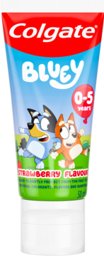 Colgate Bluey pasta do zębów truskawkowa dla dzieci 0-5 lat, niebieska tubka z Bluey i Bingo, widok z przodu.