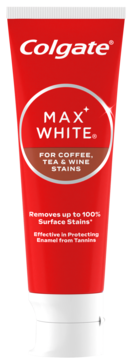 Czerwona tubka pasty Colgate Max White do zębów, usuwającej plamy z kawy i wina, widok z przodu, białe logo.