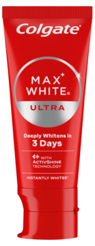 Czerwona tuba pasty Colgate Max White Ultra Instantly Whiter, widok z przodu, napis 'Deeply Whitens in 3 Days'.