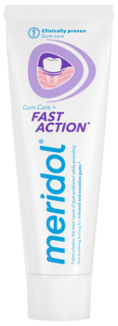 Meridol Gum Care + Fast Action pasta do zębów w białej tubce, niebieskie logo, grafika z zębem, widok z przodu.
