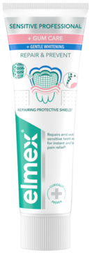 elmex SENSITIVE PROFESSIONAL + GUM CARE, Repair & Prevent, biała tuba pasty z zielonym logo i grafikami.