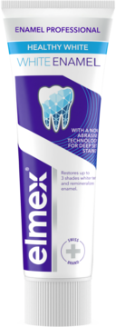 Tubka pasty elmex Enamel Professional Healthy White, z fioletowo-białą etykietą i grafiką zęba, widok z przodu.
