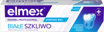 Pasta elmex Enamel Professional Białe Szkliwo, biała tuba z fioletowym logo i grafiką zęba, widok z przodu.
