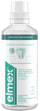 Biała butelka elmex Sensitive Professional płyn do płukania jamy ustnej, turkusowa etykieta z zębem, widok z przodu.