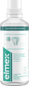 Biała butelka płynu do płukania ust elmex Sensitive Professional, zielono-biała etykieta, 0% alkoholu, widok z przodu.